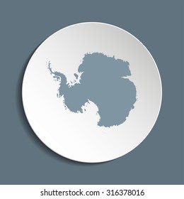 Antarctica vector map on a paper circle. Cut out from white paper icon map of Antarctica. Vector icon map of Antarctica on dark background. Paper cut style country map. 