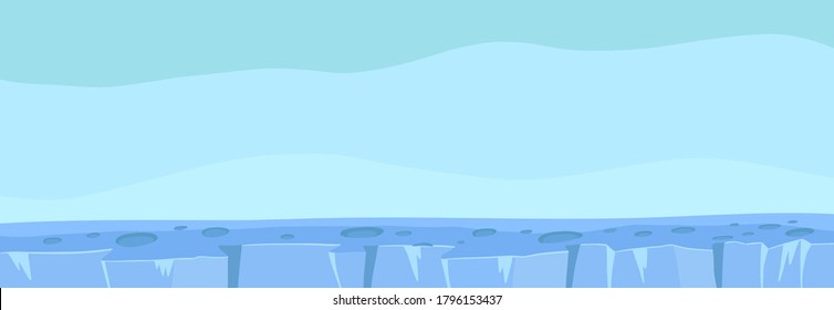 Antarctica winter ice. Cold planet. North Pole. Game background. Seamless pattern. Landscape panorama. Unending vector flat. Copy space. Horizontal banner.