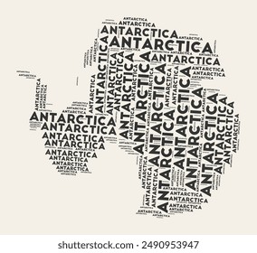 Antarctica Word Cloud. Country with regions division. Antarctica typographic text clouds vector image design. Vintage gazette style country shape image. Beautiful vector illustration.