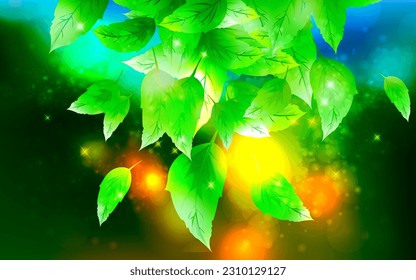 antasy, falling leaves with morning dew shining between leaves exposed to sunlight on dark forest blurred background, digital art vector illustration. svg