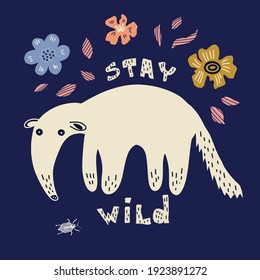 Ant-bear hand drawn flat vector illustration. Cartoon animal with hand drawn lettering and  flowers design element.