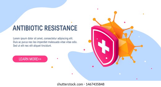 Antbiotic drug resistance concept in isometric projection. Bacteria hiding behind a medical shield. Vector template for web banners, ads etc.