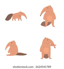 Anteater icons set cartoon vector. Cute funny anteater character. Wild nature