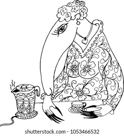Anteater with long nails. Freehand sketch drawing for adult antistress coloring book