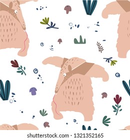 Ant-eater. Pattern Seamless anteater on the meadow. Anteater is coming. Big and cute anteater.