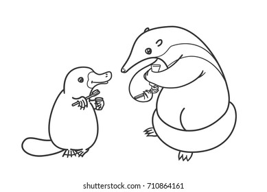 The ant-eater and the platypus are brushing their teeth and... beak. Coloring, illustration for activity book. Illustration of oral hygiene.