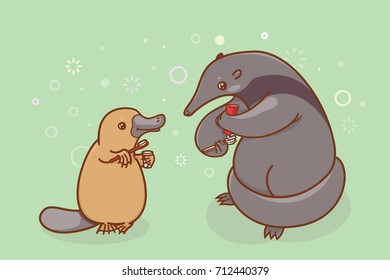 The ant-eater and the platypus are brushing their teeth and... beak. Coloring, illustration for activity book. Illustration of oral hygiene.