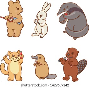 Ant-eater, platypus, hare, beaver, cat and bear are brushing their teeth and... beak. Illustration of oral hygiene. Cute animals isolated on white background.