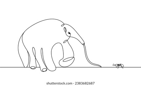 The anteater reaches out with its long tongue towards the ant. An unusual animal. World Anteater Day. One line drawing for different uses. Vector illustration.