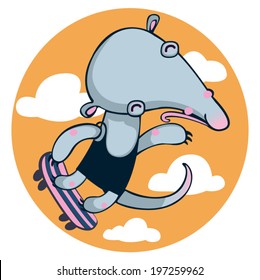 Anteater rides on the skateboard.