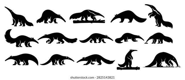 Anteater Silhouette Vector Set - Giant Anteater Poses and Tamandua Wildlife Clip Art