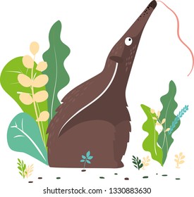 Anteater sits in the grass. Anteater stuck out a long tongue. Cartoon character. Anteater on a white background.