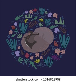 Anteater sleeps in a forest glade. Night in the forest. Blue background, grass, mushrooms. Forest animals. Flat vector illustration. Seamless pattern.