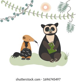 Anteater and spectacled bear are sitting in a clearing with a book under the vines. Animals of south america.