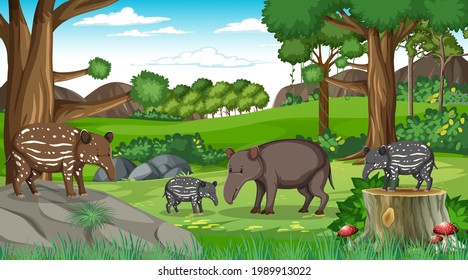 Anteaters family in forest scene with many trees illustration