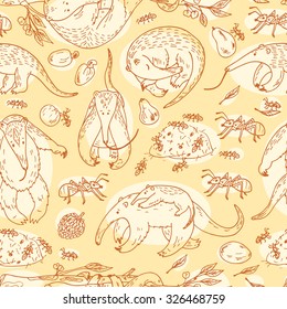 Anteaters (Tamandua) Vector Seamless pattern. Hand Drawn Doodles Anteaters, Ants and Fruits.