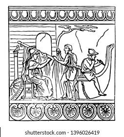 Antefixa representando Minerva superintendente construção do Navio Argo Antefixa são terra a cottas vários desenhos ornamentais vintage linha desenho ou gravura ilustração.