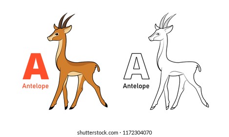 Antelope alphabet animal. Children's alphabet coloring pages. Letters from A to Z. Zoo alphabet.