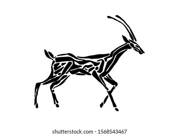 Antelope animal decorative vector illustration painted by ink, hand drawn grunge cave painting, black isolated silhouette on white background.