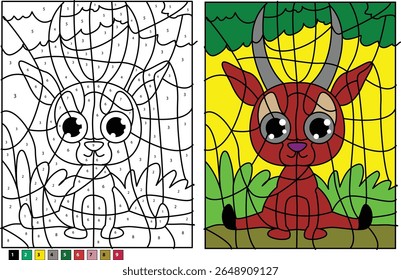 Antelope Color by Number Game for Kids, Educational Digital Art Activity. Learn colors and numbers while coloring a cute cartoon antelope illustration, perfect for children's learning and fun.