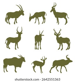 Antílope e gazela definem silhueta vetorial isolada. Oryx, Eland, Impala, Waterbuck, Kudu, Dorcas, Nyala. Veado africano. Troféu de caça Safari África. Poderosas galhadas buck chifres animais herbívoros.