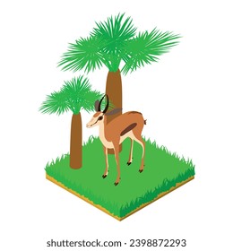 Antelope icon isometric vector. Young antelope animal standing in green grass. Fauna, wildlife, environmental protection