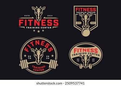 antílope, impala, vida selvagem rena com power bar, badge barbell e kettlebell coleção de design de logotipo para fitness, ginásio, musculação, clube de levantamento de peso  