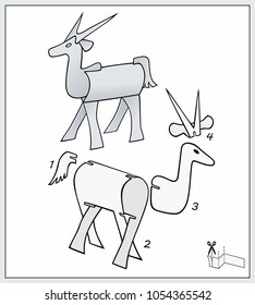 Antelope from pieces of paper. ?omposite figure. Complex form with blueprint template. Vector illustration