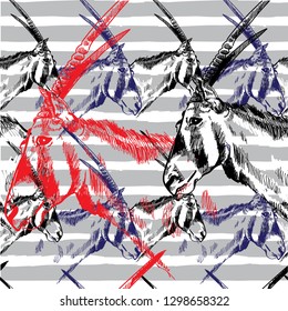 Antelope seamless pattern. Stylish ethnic pattern. African pattern. Scarlet antelope. Freehand drawing in vintage style.