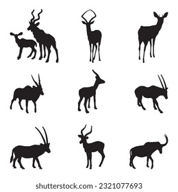 antelope silhouette set collection isolated black on white background vector illustration