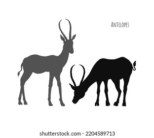 Antelope silhouettes. Isolated african animals scene. Black Landscape of wild Africa. Zoo poster. Savannah wildlife. Vector illustration