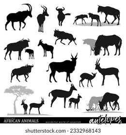 Antelope silhouettes set with wildlife scenes. African savannah animals. Vector illustration.	
