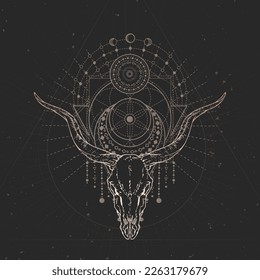 Antelope skull and Sacred geometric symbol on black vintage background. Abstract mystic sign. Gold linear shape.