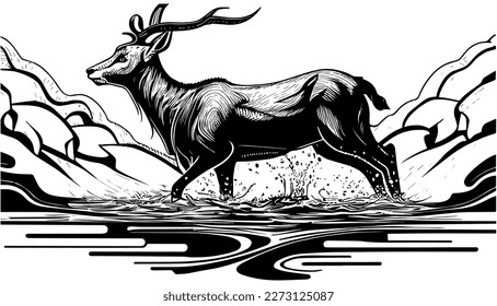 Antelope walk vector black line illustration art isolated white
