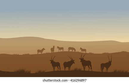Antelope and zebra on the hills with brown background 