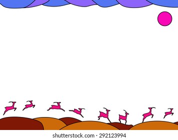Antelopes Running By Hills In Savannah Or Sands Under Violet And Blue Skies And Pink Sun - Vector Background