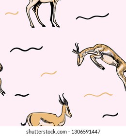 Antelopes vaulting and staying vector pattern. Hand drawn realistic illustrations isolated on background. Vector sketch design. Savannah animals pattern for textile, fabric, fashion clothes
