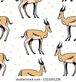 Antelopes vaultinging and staying vector pattern .Hand drawn realistic illustrations isolated on background. Vector sketch design. Savannah animals pattern for textile, fabric, fashion clothes