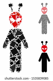 Antenna alien mosaic of humpy pieces in variable sizes and shades, based on antenna alien icon. Vector humpy elements are organized into collage. Antenna alien icons collage with dotted pattern.