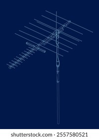 Antenna blue line icon. Radio antenna black linear vector isolated blue background. Radio tower. Communication towers outline. Transmitter receiver wireless signal. Vector illustration