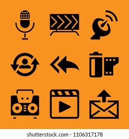 antenna, broadband, attachment, block, roll and attention icon vector set. Flat vector design with filled icons. Designed for web and software interfaces