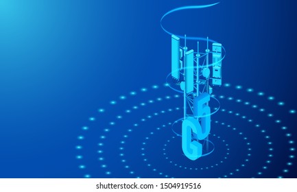 Antenna for data transmission 5g. High-speed broadband network. Symbol of mobile communication technology. Isometric 3D illustration. Blue background