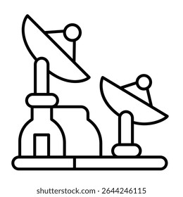 Antenna dish pair thin line icon, cosmos concept. Vector graphics. Research station antennas, space exploration sign on white background, style mobile or design