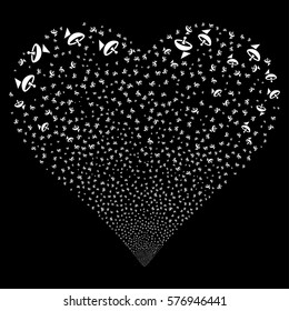 Antenna fireworks with heart shape. Vector illustration style is flat white iconic symbols on a black background. Object stream created from confetti symbols.