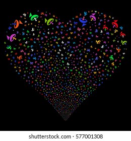 Antenna fireworks with heart shape. Vector illustration style is flat bright multicolored iconic symbols on a black background. Object heart created from scattered pictograms.