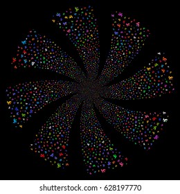 Antenna fireworks swirl rotation. Vector illustration style is flat bright multicolored iconic symbols on a black background. Object twirl created from random symbols.