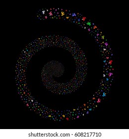 Antenna fireworks vortex spiral. Vector illustration style is flat bright multicolored scattered symbols. Object helix combined from random icons.