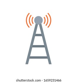 Antena diseño de icono de estilo plano, tecnología de transmisión de señal de Internet radio comunicación inalámbrica y tema satelital Ilustración vectorial