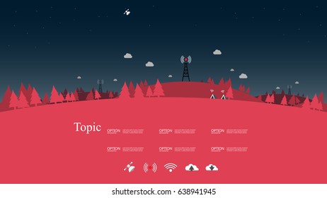 Antenna in the forest Landscape paper style, to night ,satellite ,Space for text and icon