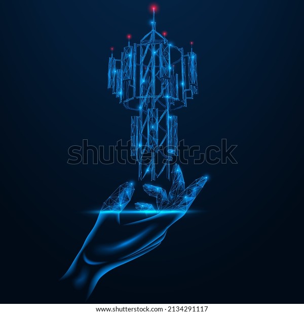 Antenna in hand. Telecommunication equipment.\
Portable broadcasting. Polygonal design of lines and dots. Blue\
background